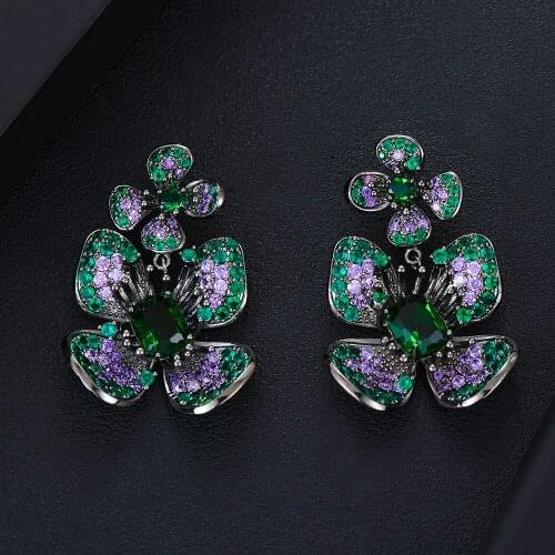 2020 Luxury Trendy Flower Earring For Nigerian Bridal Full Cubic Zirconia Green Dangle Earrings Women Girl Statement Jewelry