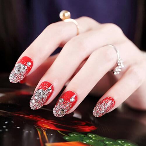 24Pcs Red Round False Nails Acrylic UV Gel Full French Fake Nails Art Tips Tools