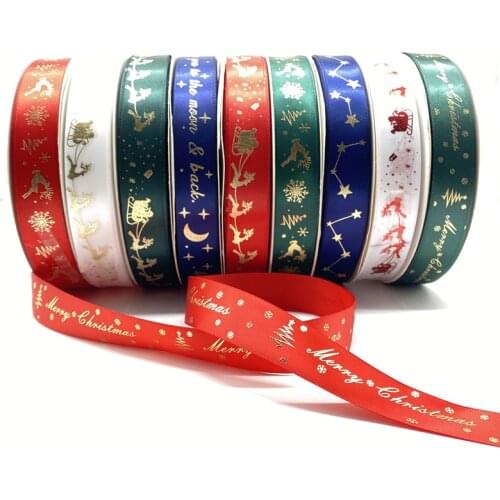 25mm Polyester Ribbon Bronzing Ribbon Printed Christmas Ribbon For Christmas Decoration DIY Sewing Fabric