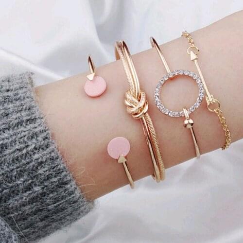 4pcs Bracelet Set For Women 2021 Girls Vintage Bracelets & Bangles Simple Pink Round Accessories Fashion Jewelry Rhinestone New