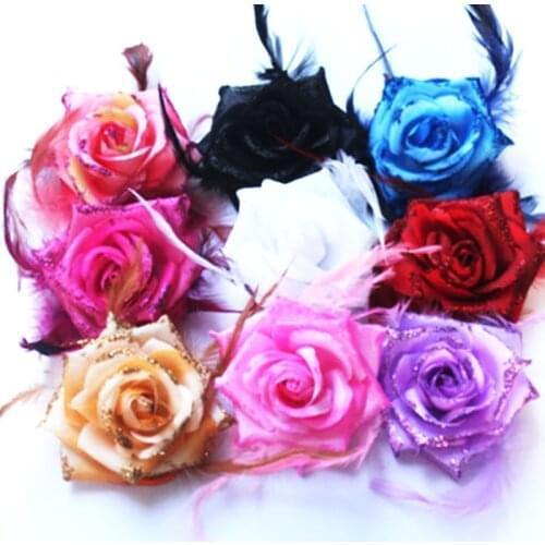 50pcs Rose Feather Headwear Hair Clip Headband Party Brooch Head Flower Girl Women breast Pin school Kids dance lady