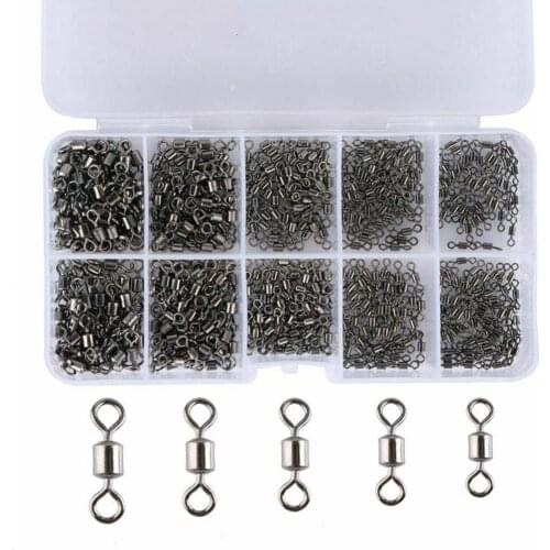 500Pcs Fishing Connector Rolling Swivel Stainless Steel Sea Hooks Size 4/6/8/10/12 Fishing Tool Accessories with Plastic Box