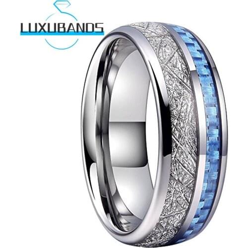 8MM Tungsten Carbide Wedding Rings For Women Men Blue Carbon-Fiber Meteorite Inlay Polished Finished Comfort Fit