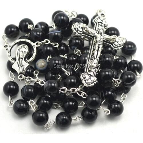 Natural stone beads catholic rosary 8 mm black round beads jewelry necklace