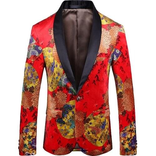 Digital Printing Mens Suit Long Sleeve Suit Stage Performance Clothes Chinese Style Jacket Blazer Two Button Plus Size Coat
