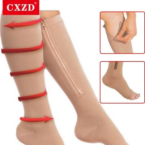 CXZD New Compression Socks Men Women Support Knee Zipper Socks Female Open Toe Thin Anti-Fatigue Stretchy Sox High Socks Unisex