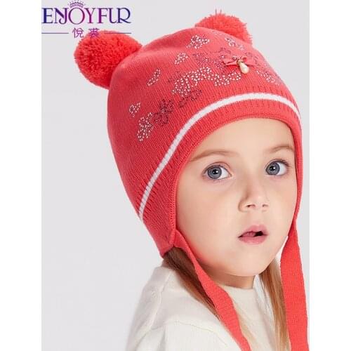 ENJOYFUR Girls Winter Hats Double Fox Fur Pompom Kids hat Cute Cat Pattern Rhinestone Beanies For Children Warm Knitted Caps