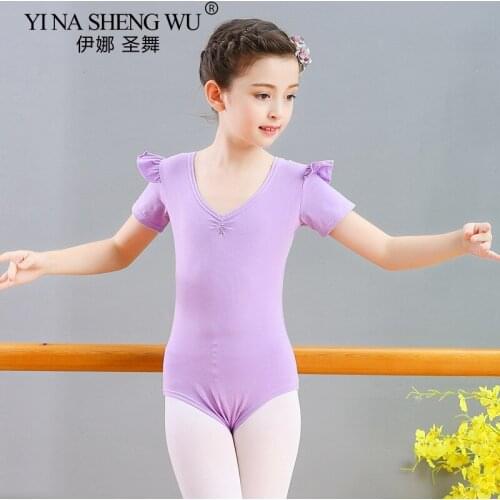 Childrens Ballet Costumes Kids Lotus Leaf Lace Short Sleeve Dance Bodysuit Gymnastics Leotard For Girls Ballet Tutu Dancerwear