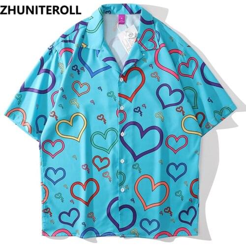 Harajuku Hawaiian Beach Shirts Heart Graphics Print Hip Hop Button Shirt Mens Fashion Short Sleeve Holiday Party Blouse Tops