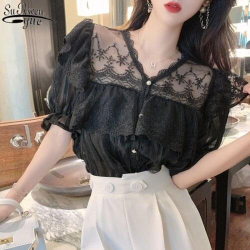 Korean Elegant Ruffled V-neck Womens Lace Shirt Bubble Sleeve Lace Splicing French Shirt Woman See Through Sexy Blouse 14435