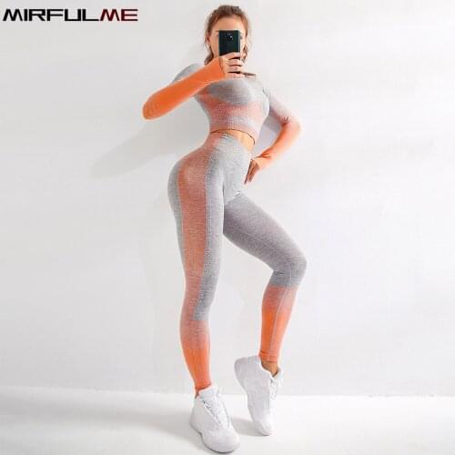Slim Yoga Sets Women Seamless Fitness Suits Sportwear Yoga Workout Clothes Crop Tops Shirts Leggings Tights Gradient Sport Suit