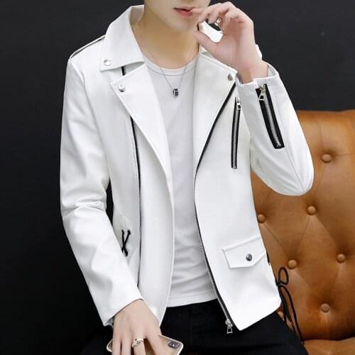 2021 New Mens Casual Rivet Oblique Zipper Lapel Leather Jacket Youth Short PU Leather Jacket