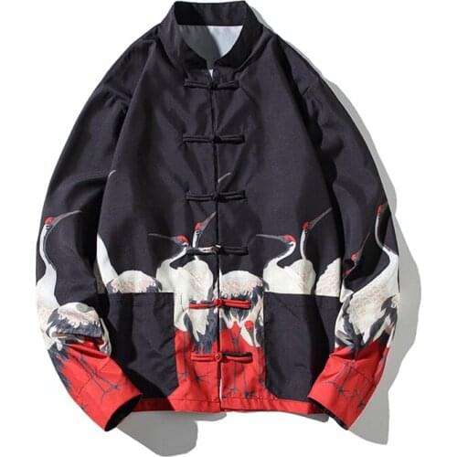 Men Traditional Chinese Style Print Crane Loose Robes Shirts Tang Suit Retro Oriental Fashion Cardigan Blouse Qipao Tops 30143