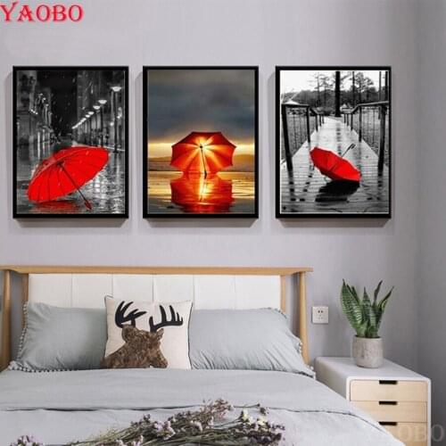 3pcs diy diamond painting Red umbrella street view full drill mosaic pattern bead embroidery kit 3d cross stitch Multi-pictures