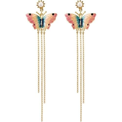 European and American new butterfly earrings tassels retro earrings female temperament long ear jewelry without pierced ear clip