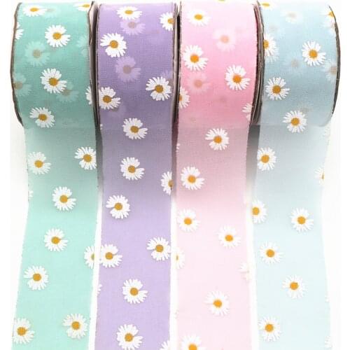 New diy 25yards 4 cm Daisy printed chiffon cloth ribbon woven flower shoes Hat Flower Bow accessories gift packaging