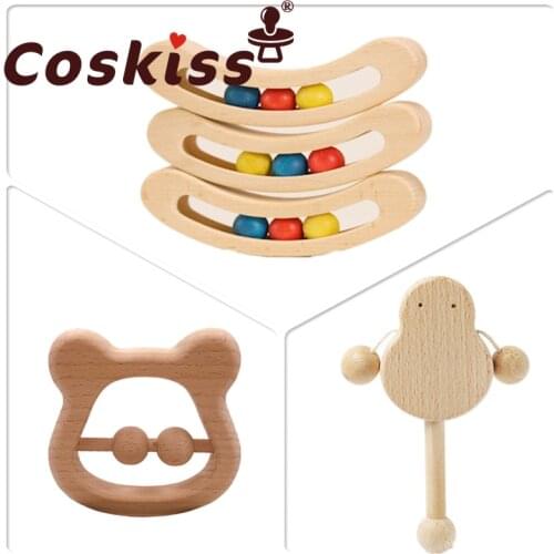 Coskiss Beech Wood Teethers Baby Rattle Nursing Teethers Hand Montessori Toy Eco-friendly Wood Play Gym BPA Free Baby Teether