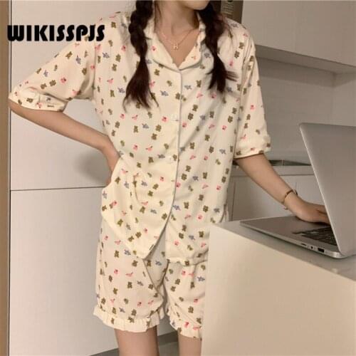 WIKISSPJS 2021 Sweet Bear Print Casual Home Wear Loose Lapel Pajama Set Sleepwear Lounge Wear Sleep Tops Bedroom Set Pjs