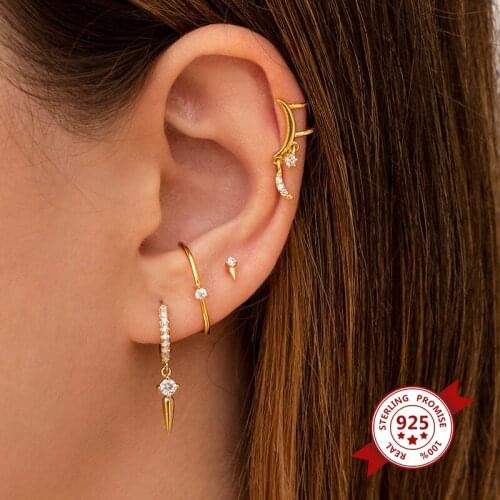Pierced Earrings 925 Silver Ear Needle Womens Minimalist 3 Prongs CZ Earlobe Cuff Exquisite Small Stud Earring Jewelry