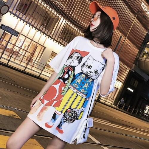 Cartoon Chic Tshirts White Oversized Loose Casual Short Sleeves Women Summer Tops Camisetas De Mujer Tee Shirt Femme Long 2021