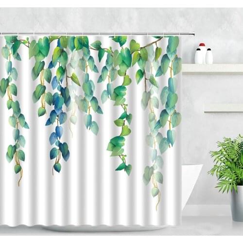 Leaves Shower Curtains Flowers Vine Green Plant Leaf Pattern White Natural Modern Waterproof Fabric Bathroom Decor Curtain Sets
