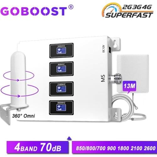 GOBOOST 4-band gsm 2g 3g 4g signal amplifier 900 1800 2100 2600 LTE 800 4g band 20 mobile phones repeater 3g 850 band5 antenna