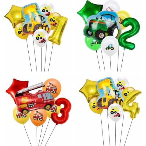 7pcs Car foil Balloons Construction car Fire truck Balloon 1 2 3 4 5st Birthday Party decorations Kids Number star globos