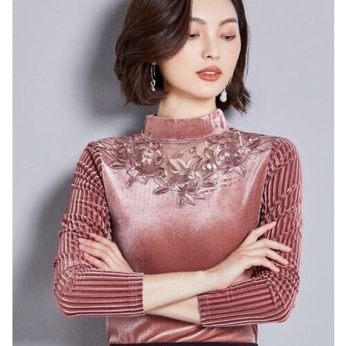 Spring Fall Women Turtleneck Embroidery Lace Patchwork Black Blue Velour T Shirt Tops , Woman Clothes 3xl Velvet Top Tshirts