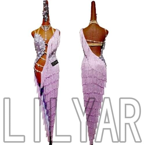 Women New latin dance skirt performance competition female high-end light purple long tassel flash diamond custom dance skirt