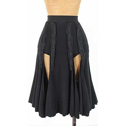 Latin Dance Skirt Women Cha Cha Rumba Samba Dancing Wear Black Tassel Fringe Split Dancing Skirts Practice Clothes DNV12683