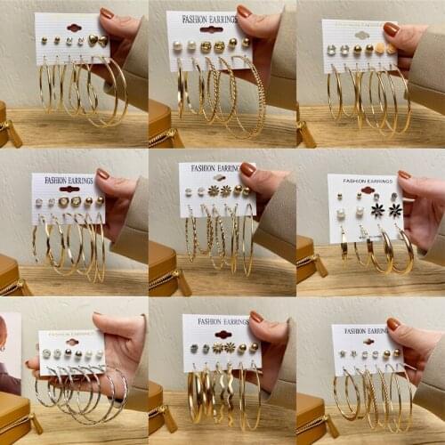 2021 New Fashion All Style Gold Silver Metal Round Heart Flower Ear Studs Ring Jewelry Gift For Women Girl Friend