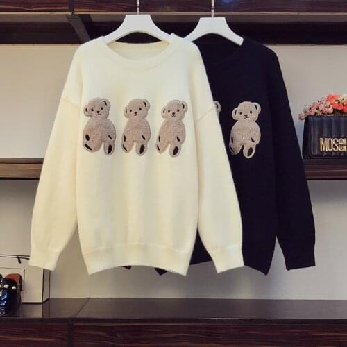 2021 Women Long Sweater and Pullovers Cartoon Bear Embroidery Fashion Korean Jumpers loose Cute Girls Winter Pull Sweater
