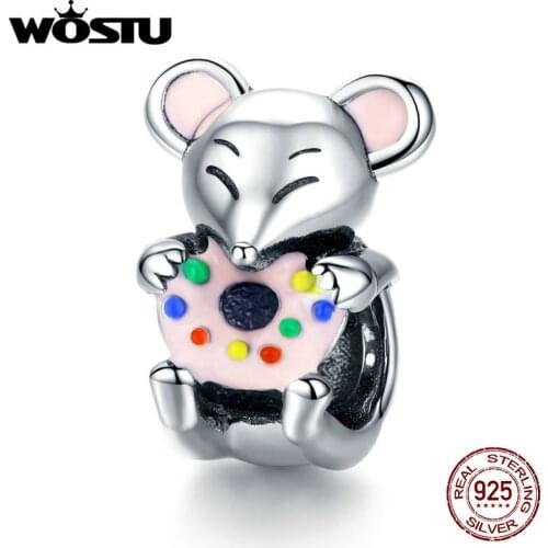 WOSTU Real 925 Sterling Silver Little Mouse Beads Animal Charms Fit Original Bracelet Pendant For Women Jewelry Making BKC1318