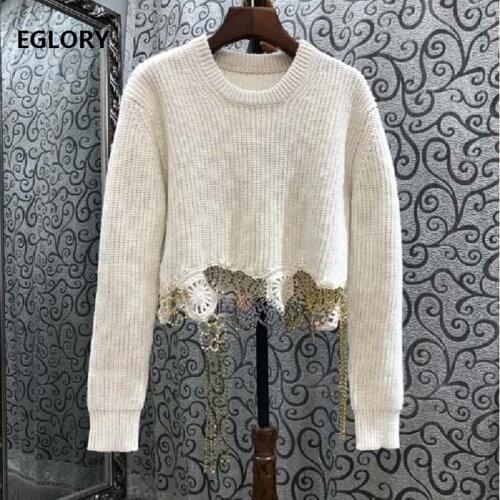 2021 Spring Fashion Sweater Pullovers Ladies High Quality Knitting Chain Beading Deco Long Sleeve Casual Crop Tops Lady Outfits