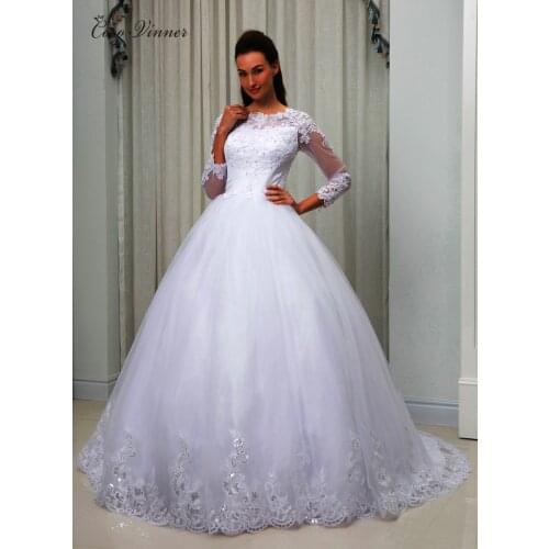 Long Sleeves Sequined Lace Embroidery Arabic Wedding Dress Ball Gown Illusion Sheer Neck Plus Size Bridal Gown W0049