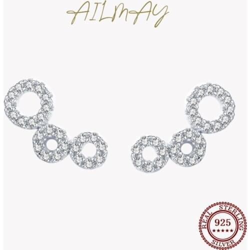 Ailmay Authentic 925 Sterling Silver Simple Exquisite Round Stud Earrings Sparkling Zircon Fine Female Fashion Jewelry