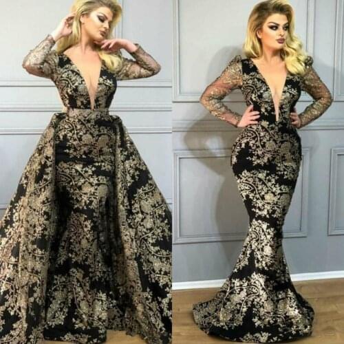 Arabic Black Mermaid Prom Dresses with Detachable Train Deep V Neck Long Sleeves Evening Gowns Gold Lace Appliqued Formal Dress