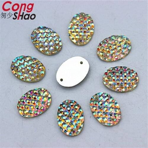 Cong Shao 100PCS 10*14/13*18mm AB Color Resin Oval Rhinestone Stones And Crystalsl Sewing 2 Hole DIY Wedding Dress Button CS70