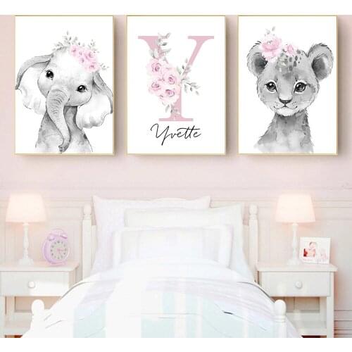 Custom Baby Name Poster Wall Art Print Flower Animals Nursery Personalized Canvas Painting Decoration Girl Bedroom Picture Decor