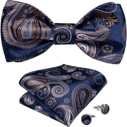 Men BowTies Silk Homme Floral Blue Bow tie Cufflinks Hankerchief 3pcs Set For Wedding Party Prom Formal Suit Accessories Tuxedo