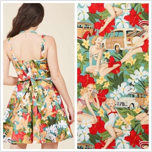 HLQON cotton sateen Beach girl fabric for sewing women clothing upholstery tissue wedding dress patchwork DIY