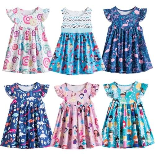 Brand New Girls Summer Dress Flare Sleeve Sundress for Girls Princess Casual Wear Unicorn Printing Hawaii Holiday Beach Dresses