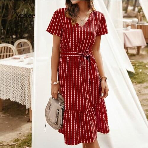 Summer Womens Dress Female Elegant Sexy V-Neck Casual A-Line Mid-Length Skirt Retro Pink Yellow Striped Lace Beach Skirt