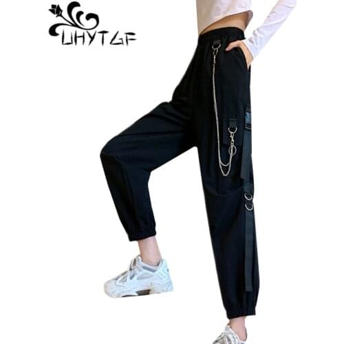 UHYTGF Fashion high waist summer pants female Korean loose plus size sports trousers black casual cargo pants women trend 1723