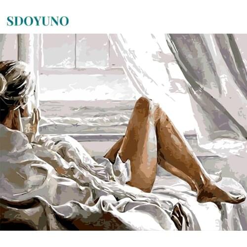 SDOYUNO Frameless 50x65cm Girl by the sea nature Painting By Numbers For Adults Room Decoration Modern DIY Wall Decor For Gift