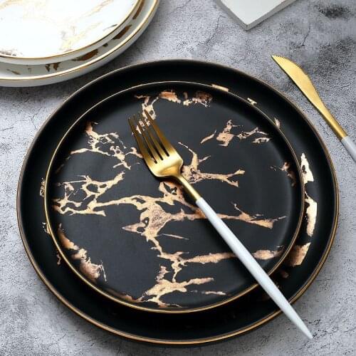 New Nordic wind ceramic Phnom Penh plate Golden Marble high-end Western food plate Steak plate serving platter