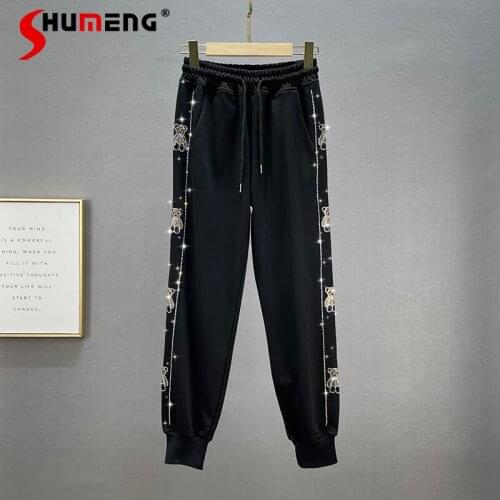 2021 Autumn New Elastic High Waist Ankle-Tied Sports Casual Pants Women Fashion Diamond Loose Sweatpants for Female