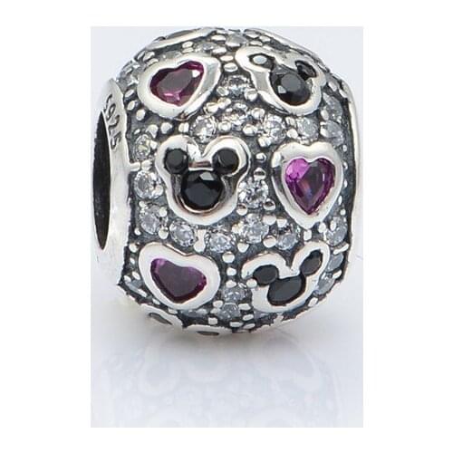 New European Charms 925 Sterling Silver Micro Pave Sparkling Mickey & Hearts Charms beads Suitable for Brand Charm Bracelets