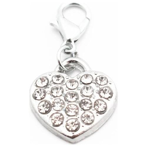 Wholesale 20pcs/lot Metal Heart Dangle Charms Silver Crystal Lobster Clasp Charms Fit DIY Bracelet Necklace Jewelry