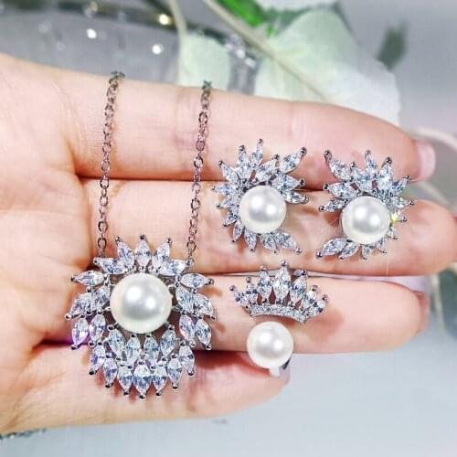 Original new style silver inlaid zircon fashion pearl necklace pendant earrings opening adjustable ring set ladies jewelry